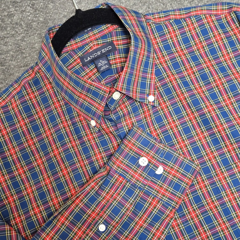 Lands End Mens Shirt Large 16 Blue Red Plaid Non Iron Long Sleeve Button‎ Up